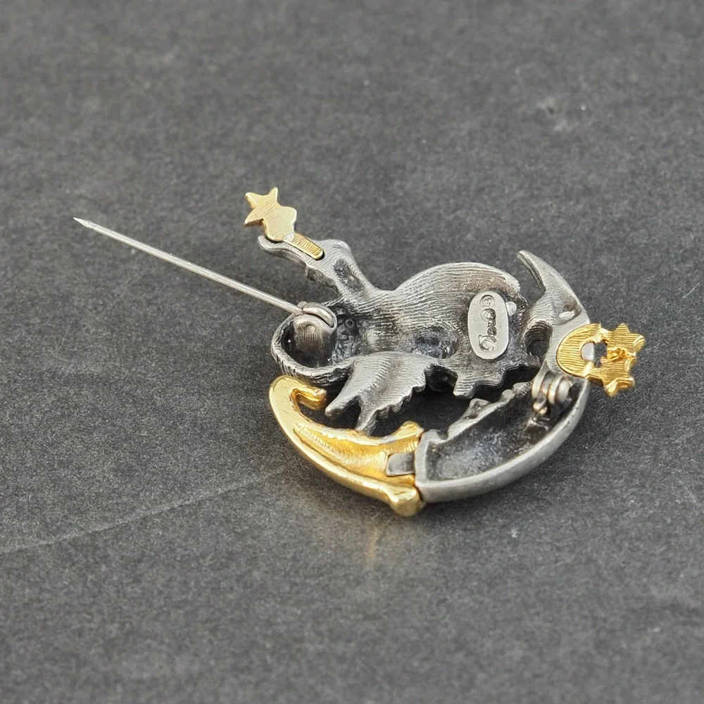 Vintage Daria Brooch Pin Celestial Angel Child Moon Stars Pewter Gold Two Tone